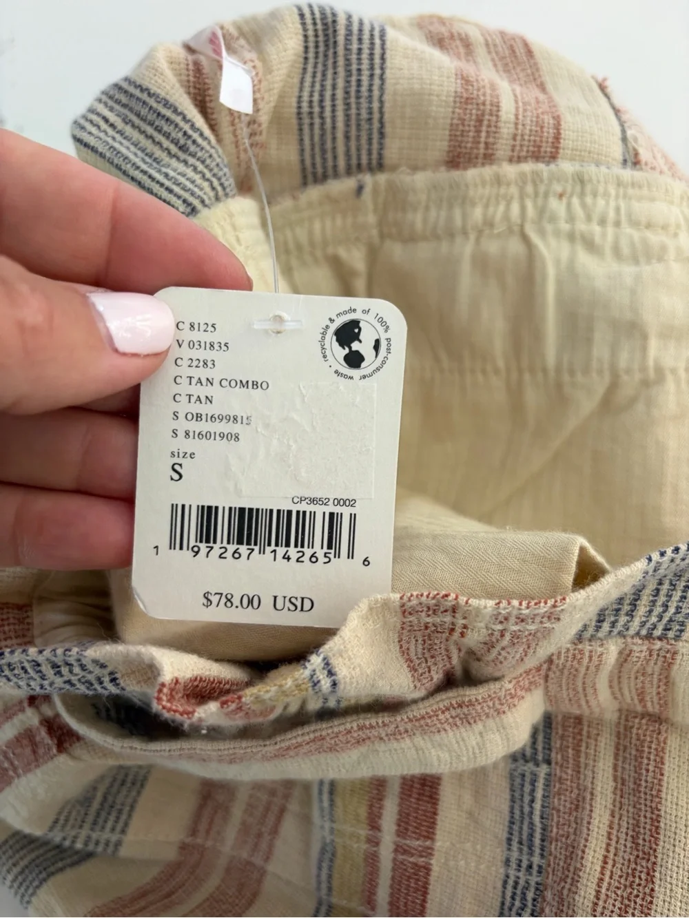 Free People Topanga Tan Combo Striped Paperbag Waist Shorts Size Small NWT